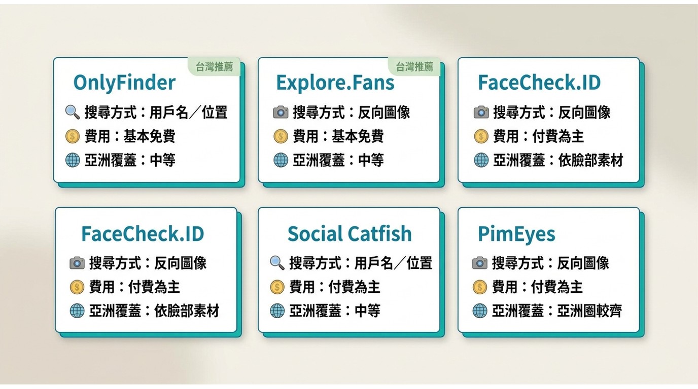 2026 OnlyFans第三方搜尋工具比較：OnlyFinder、Explore.Fans、FaceCheck.ID、Social Catfish、PimEyes的費用與亞洲覆蓋度對比