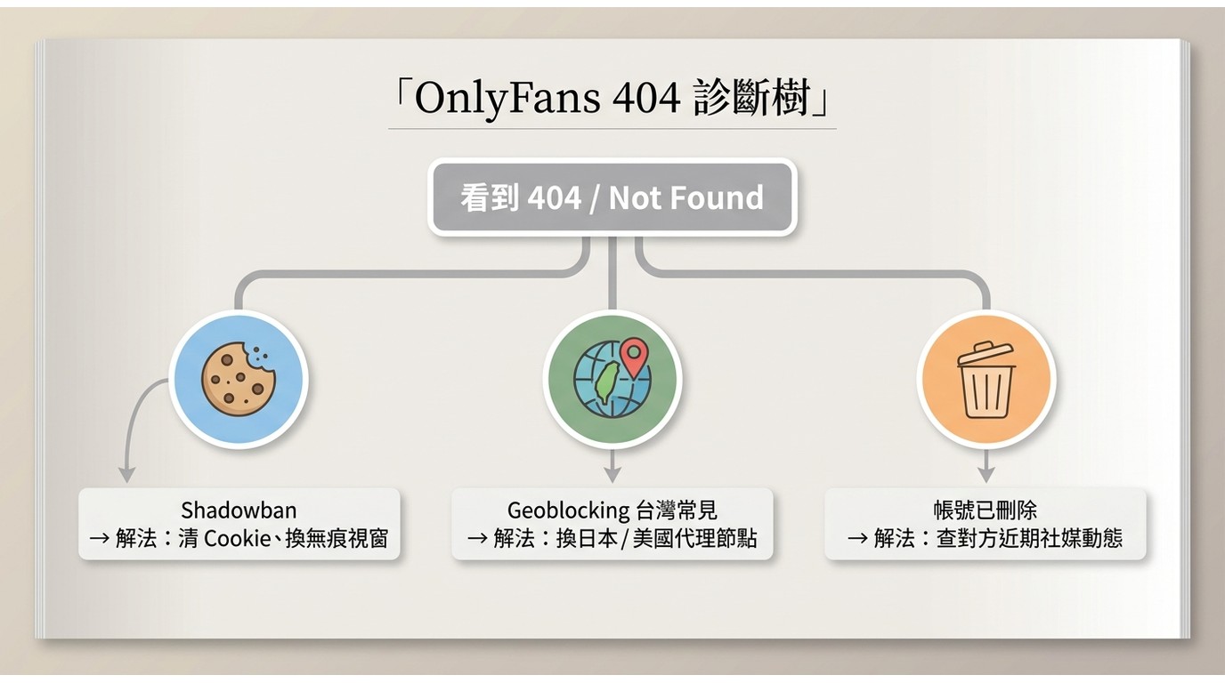OnlyFans 404診斷樹：Shadowban清Cookie、Geoblocking換代理節點、帳號刪除查社媒三條分支解法