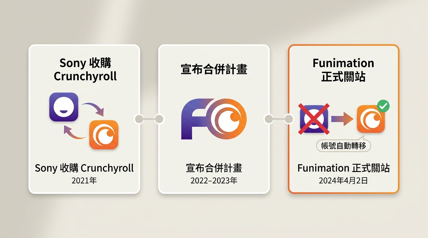Funimation 併入 Crunchyroll 時間軸：2021年收購、2024年4月關站、帳號自動轉移