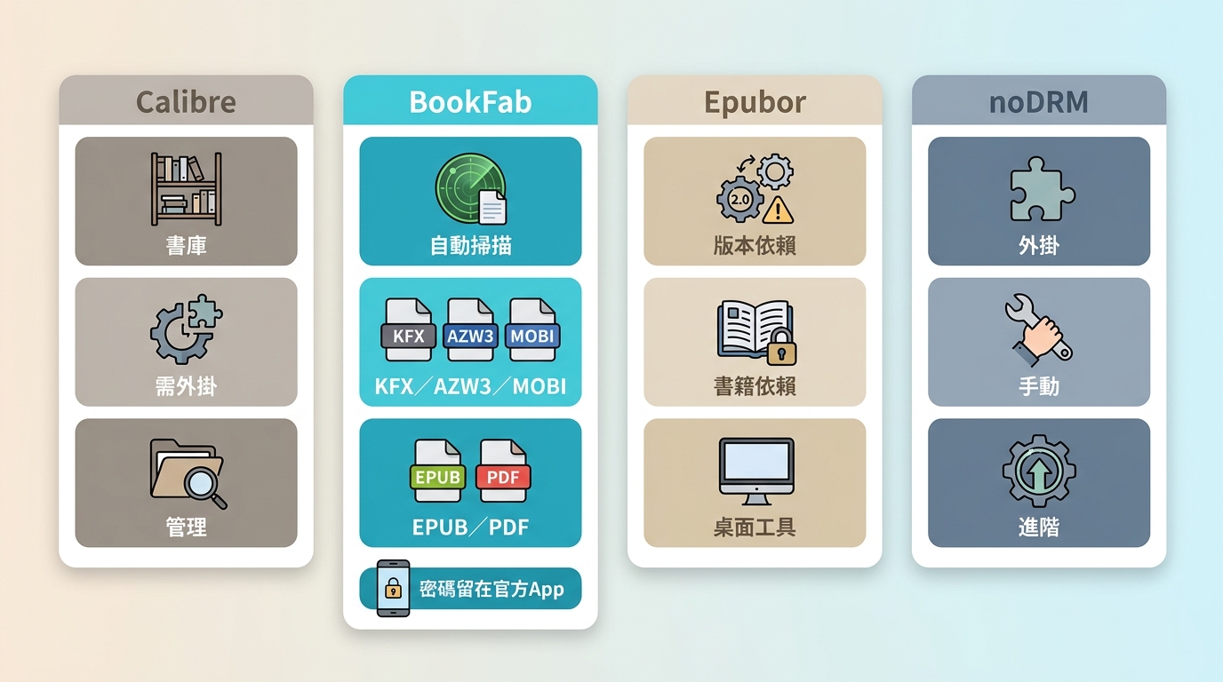 Calibre、BookFab、Epubor Ultimate與noDRM的Kindle工作流差異
