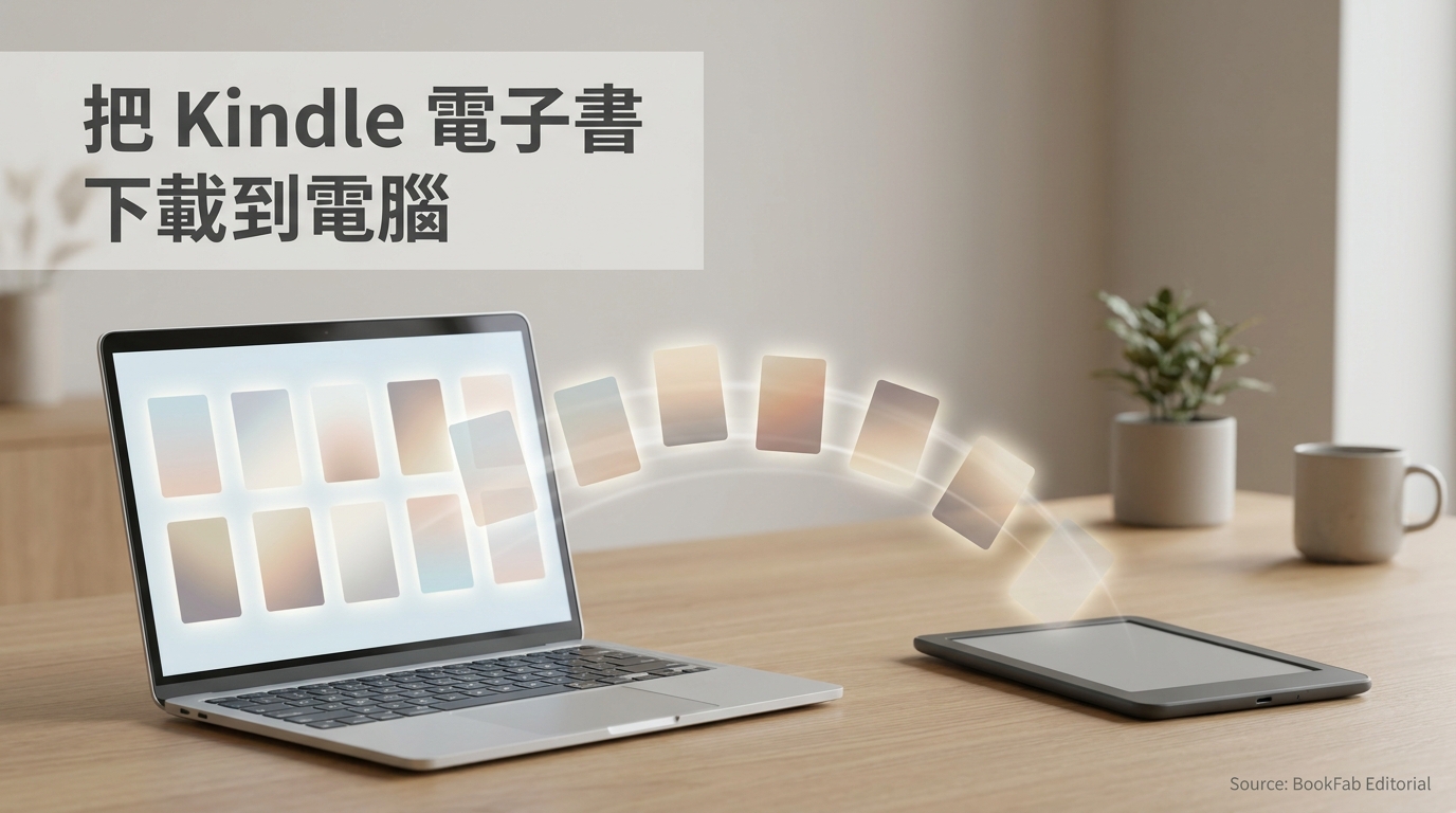 筆電與電子閱讀器放在書桌上，一本本電子書封面從裝置匯流到電腦，象徵把 Kindle 電子書轉存備份到電腦。