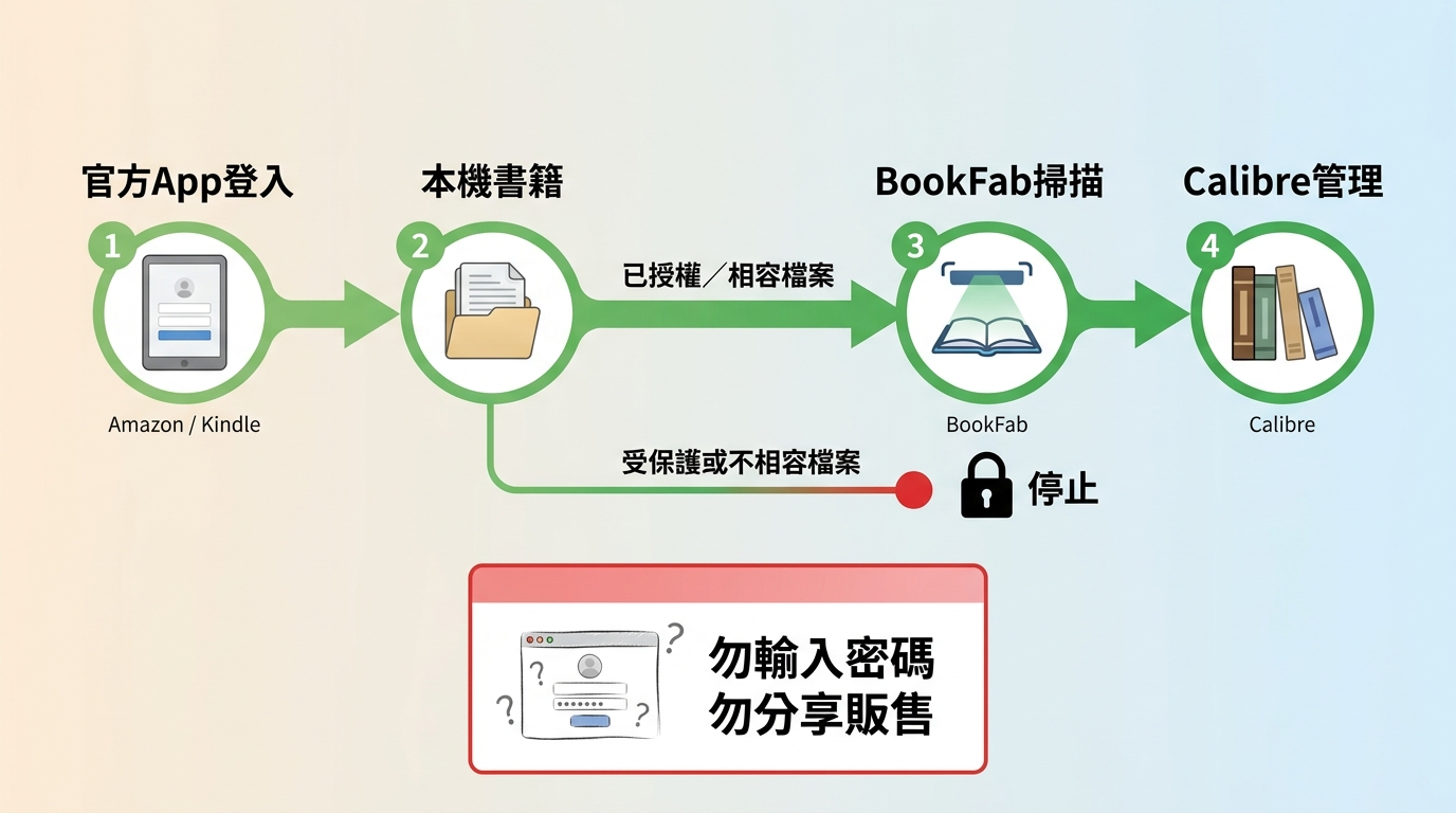 Amazon帳號留在Kindle官方App,BookFab本機掃描後交由Calibre管理