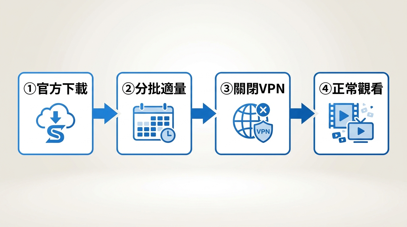 StreamFab 安全使用四步驟：官方下載、分批適量、關閉 VPN、定期正常觀看，降低帳號封鎖風險