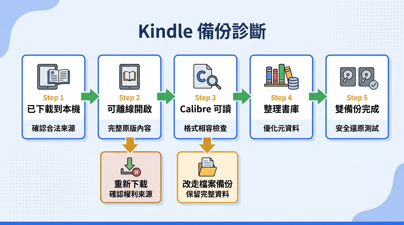 Kindle 書備份到 Calibre 的診斷流程圖，依本機來源、離線可讀、Calibre 可開啟與完整書庫備份逐步分流。