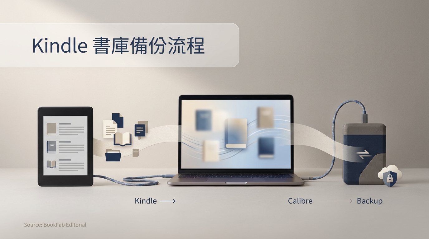 桌面上的通用電子閱讀器、筆電、書籍檔案與外接硬碟，呈現 Kindle 書進入 Calibre 書庫並建立備援的流程。