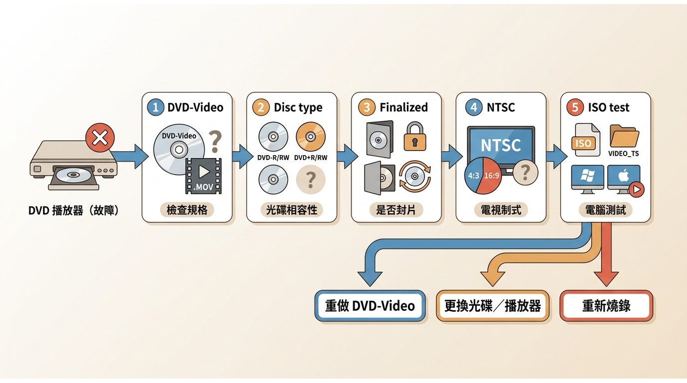 家用 DVD 播放器讀不到光碟時，依序檢查 DVD-Video、封片、NTSC 與 ISO 測播