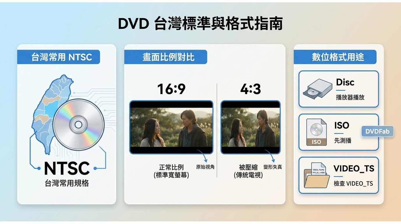 NTSC、16:9 與 4:3，以及實體光碟、ISO、DVD 資料夾的用途比較
