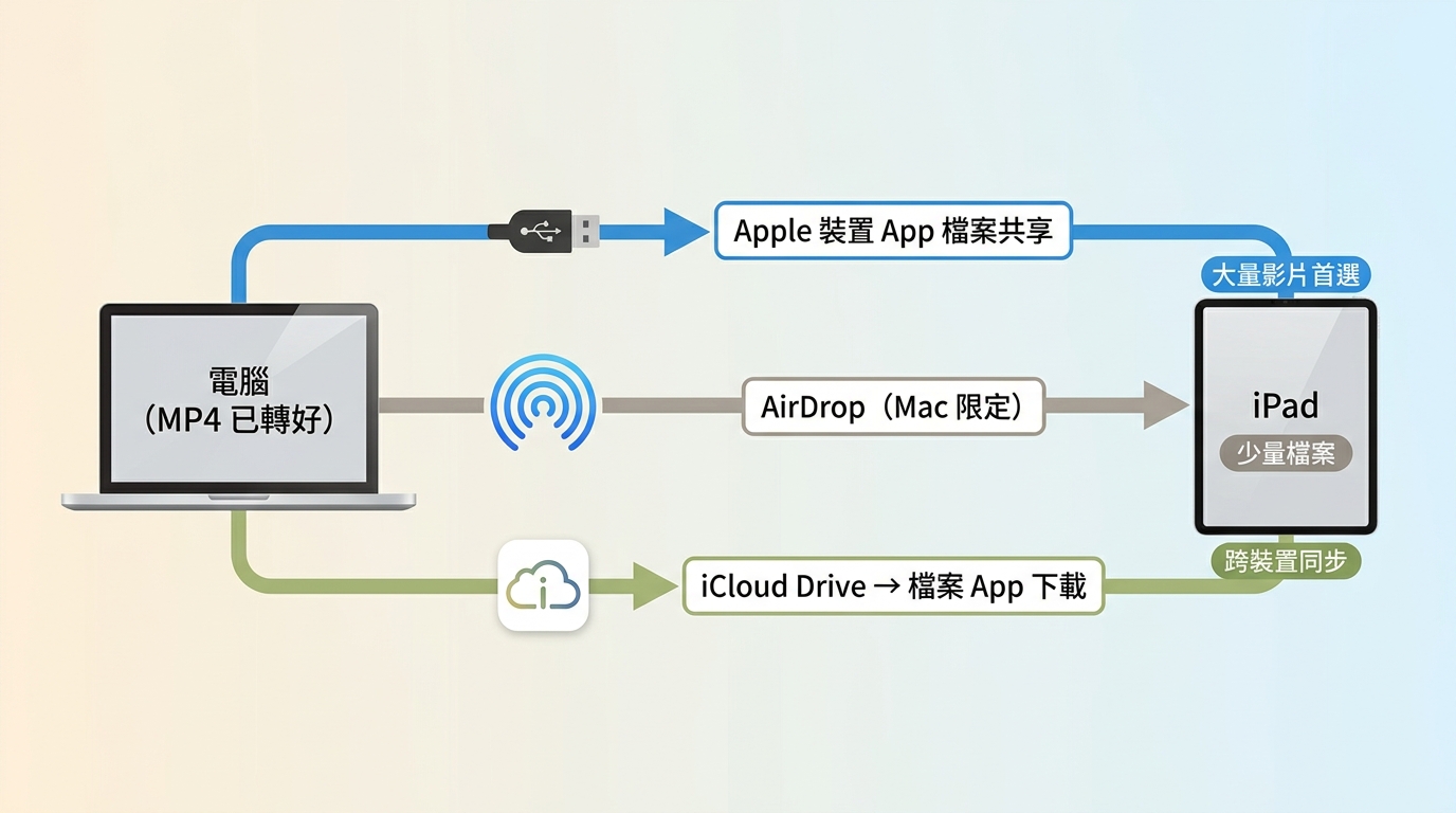 DVD轉iPad三種傳輸方法：Apple裝置App有線傳輸、AirDrop無線、iCloud Drive雲端同步比較