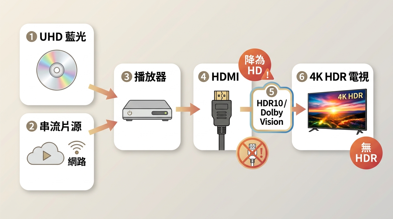 4K HDR 播放鏈涵蓋片源、HDR 格式、播放器、HDMI、網路與電視