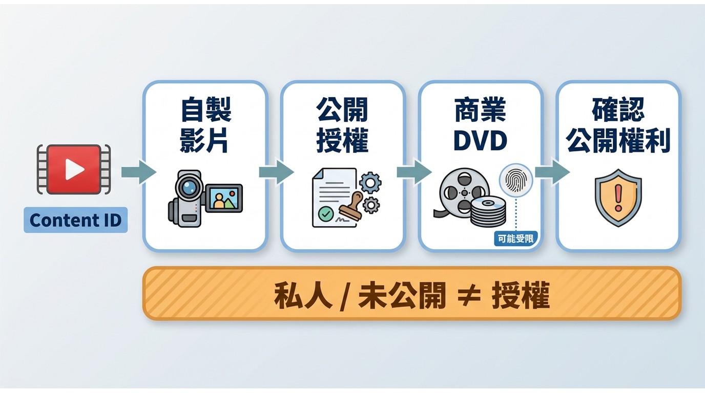 YouTube 上傳 DVD 時，自製、授權與商業內容的權利判斷流程。