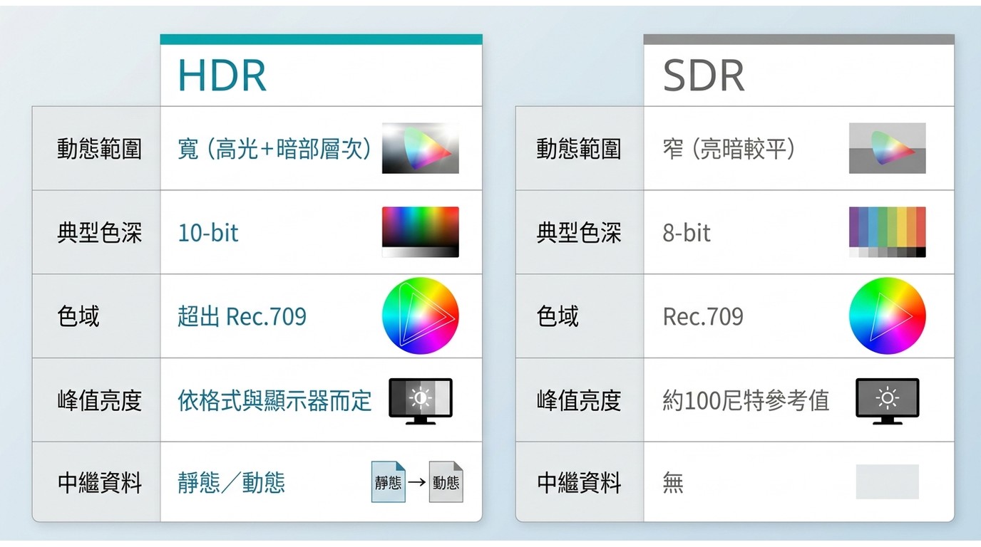 HDR與SDR規格對比:動態範圍、色深、色域、峰值亮度與中繼資料差異