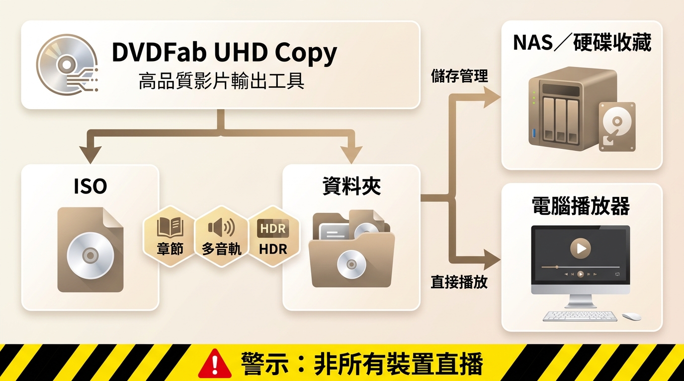 ISO 與資料夾輸出適合收藏管理與相容播放,不等於可在所有裝置直接播放