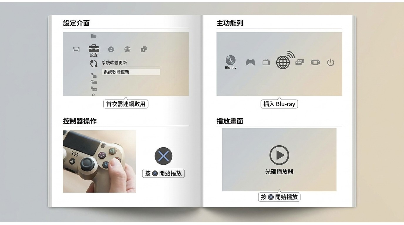 PS4 首次連網啟用藍光播放並從主畫面開啟光碟播放器