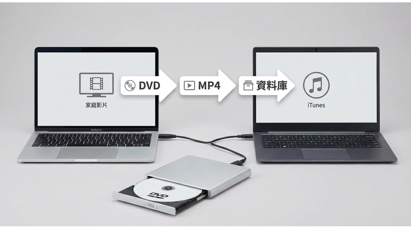 外接 USB DVD 光碟機連接 MacBook 與 Windows 筆電後匯入影片的方式