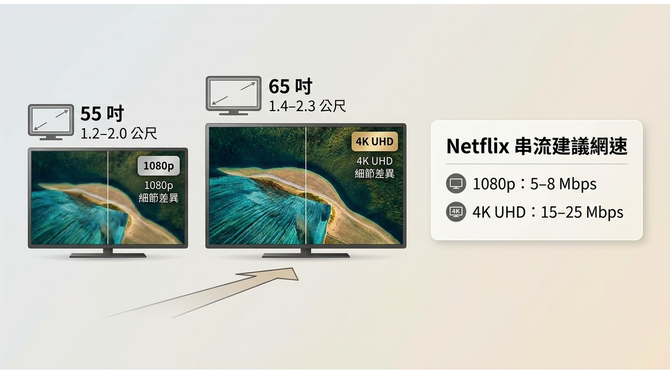 55 與 65 吋電視的 4K 觀看距離，以及 Netflix 1080p、4K 所需網速