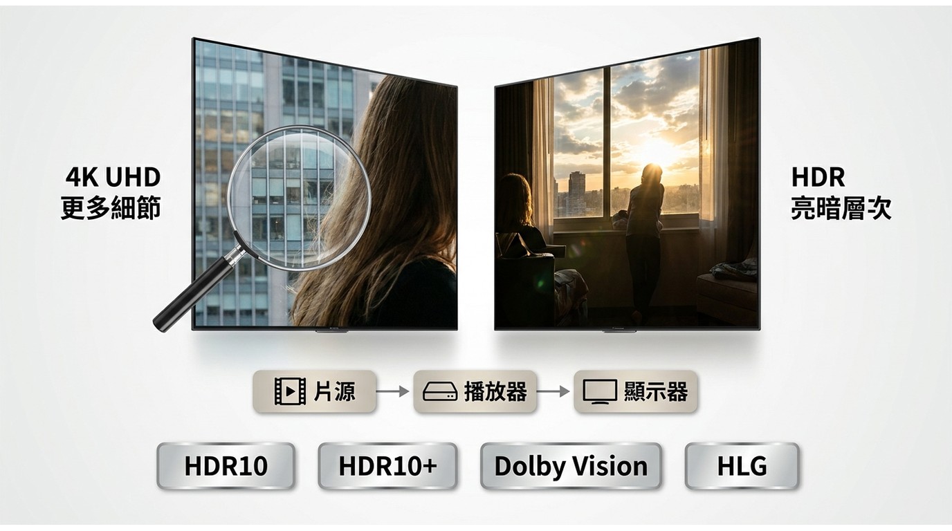 UHD／4K 提升細節，HDR 改善亮暗與色彩，並需完整播放鏈支援