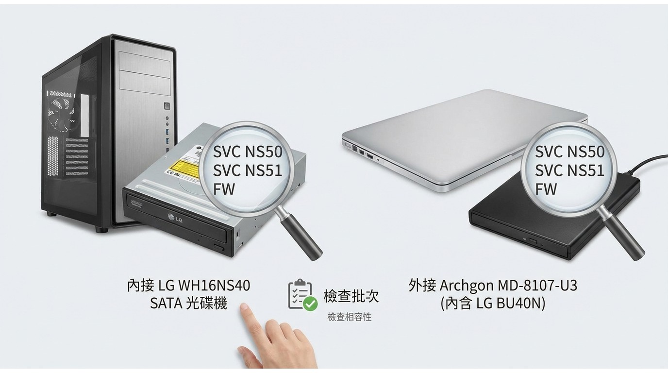 LG WH16NS40 與 Archgon MD-8107-U3 選購時應核對 SVC 代碼和韌體版本。