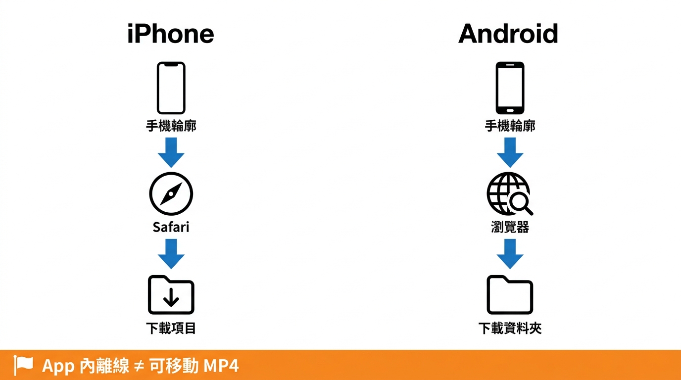 iPhone與Android下載MP4存檔路徑對比:iPhone存檔案App,Android存下載資料夾