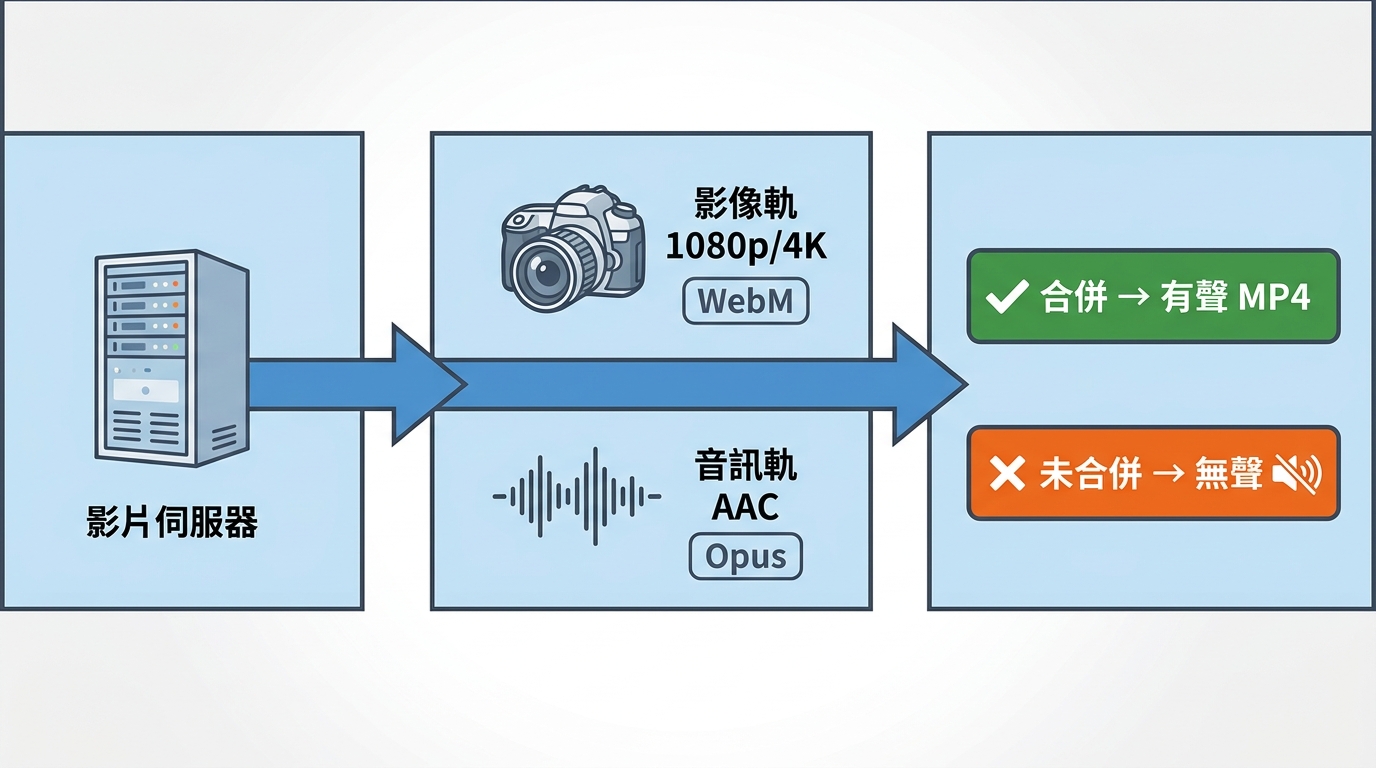 YouTube 1080p/4K影音分離原理:影像軌與音訊軌分開提供,工具未合併則輸出無聲MP4