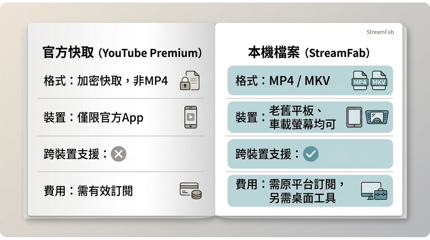 官方YouTube離線快取與StreamFab本機MP4的格式、裝置相容性、跨裝置支援對比