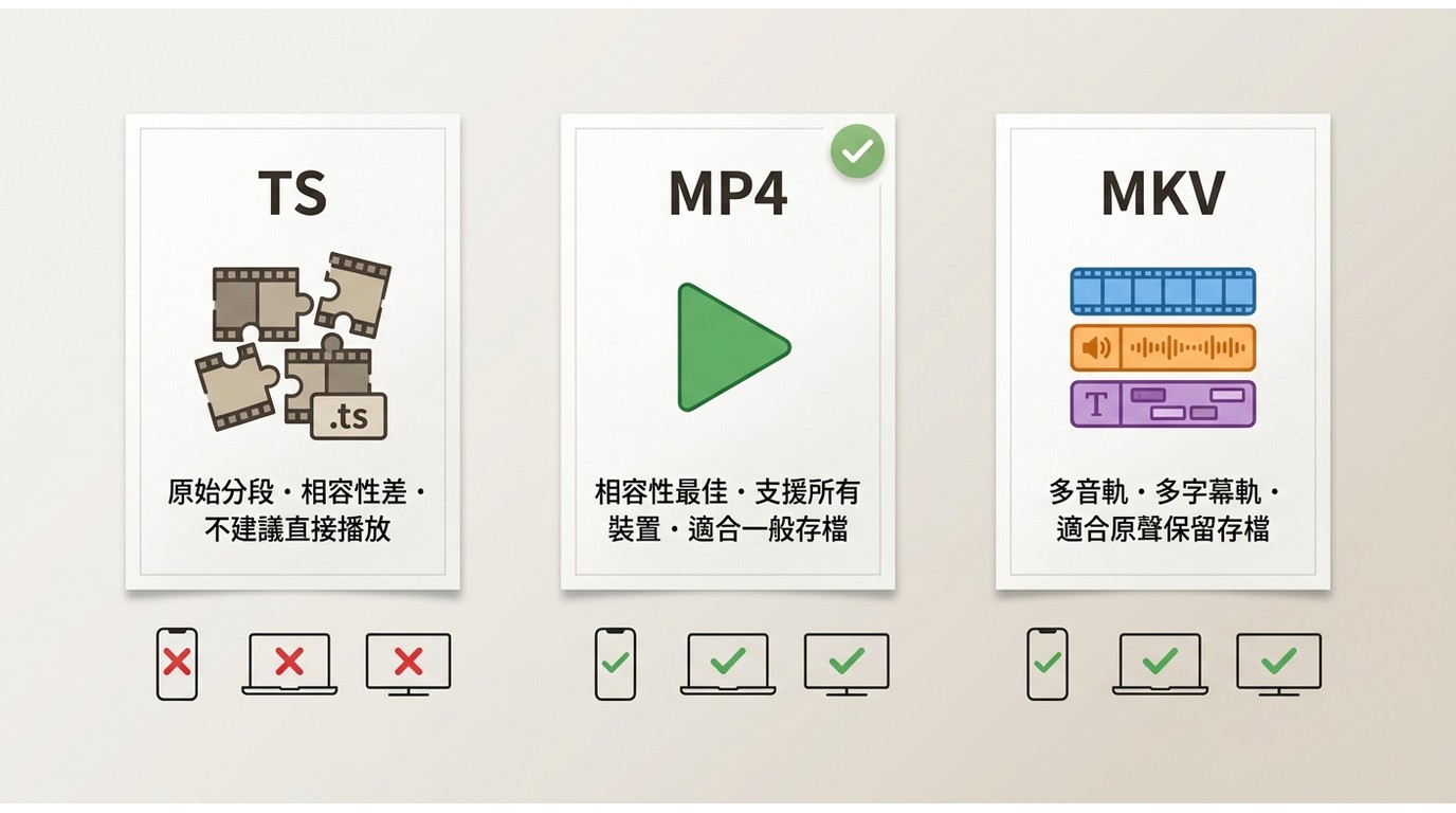 TS、MP4、MKV格式對比:相容性、適用裝置與多音軌字幕支援差異