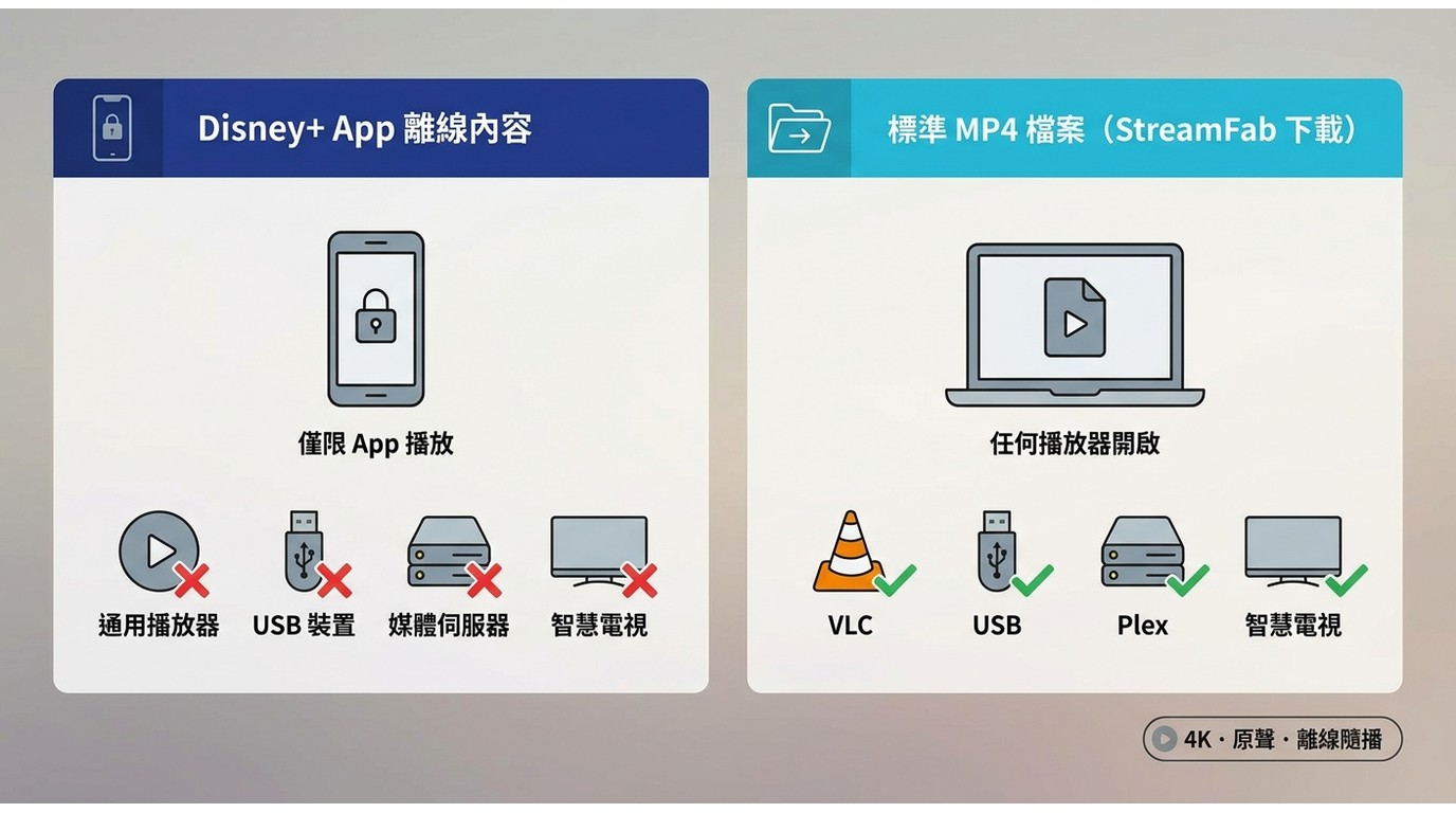 Disney+ App離線內容只能在官方App播放，MP4檔可在VLC、Plex等任意播放器開啟