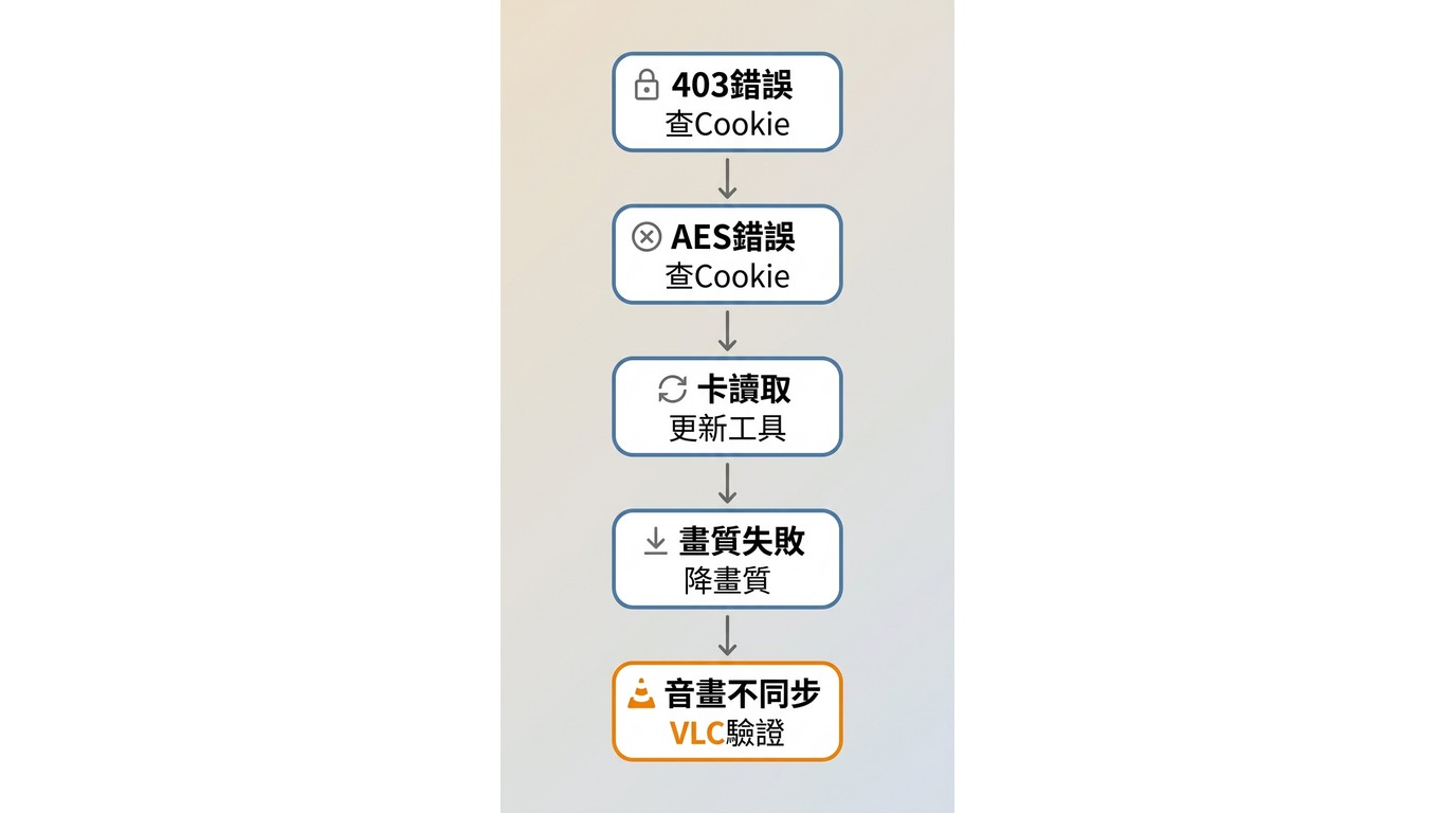 直播M3U8下載失敗排查流程:403、AES金鑰錯誤、清單讀取卡住、畫質失敗、音畫不同步五步驟診斷
