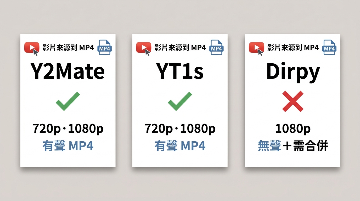 Y2Mate、YT1s、Dirpy三工具對比:解析度選項與有聲MP4輸出結果