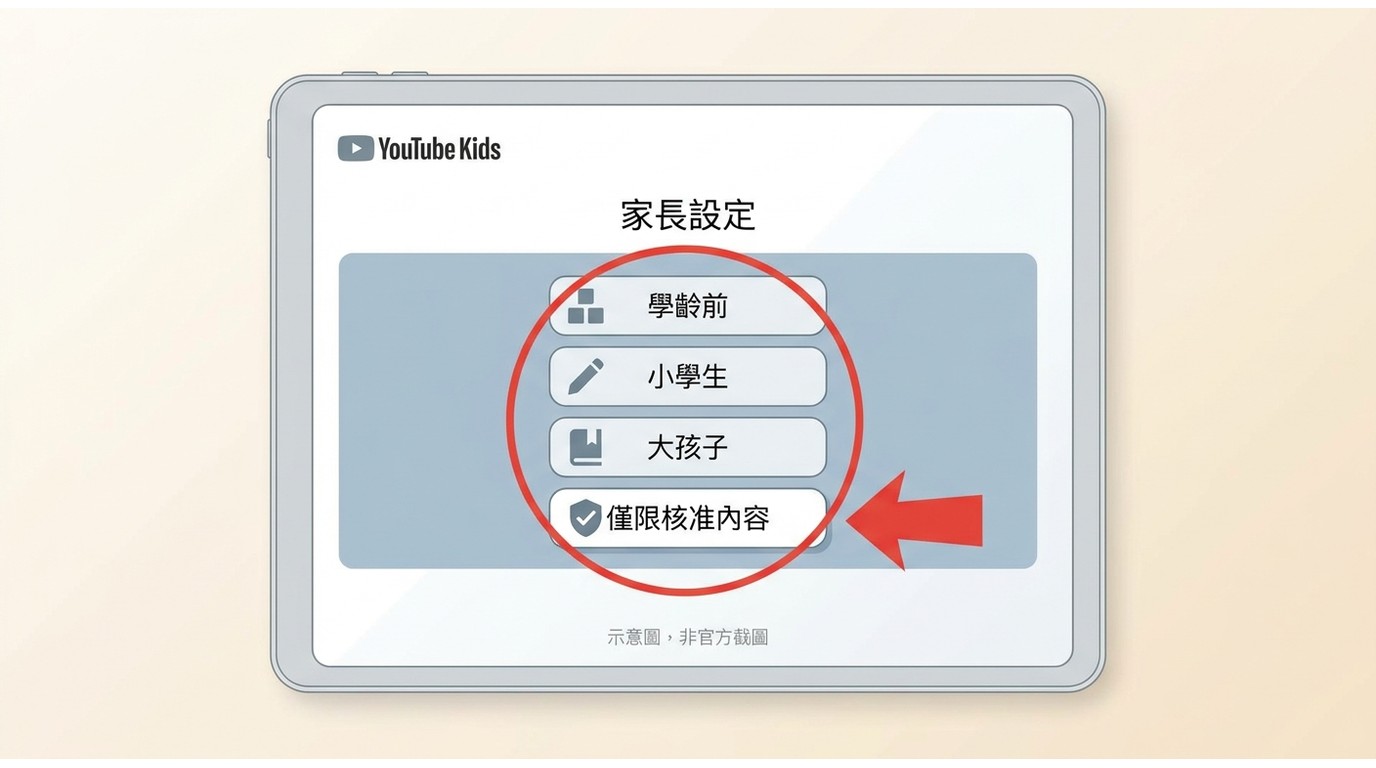 YouTube Kids家長設定畫面，顯示學齡前、小學生、大孩子與僅限核准內容四個級別選項