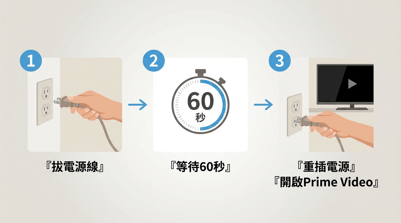 重啟電視三步驟：拔電源線、等待1分鐘、重插電源後開啟Prime Video