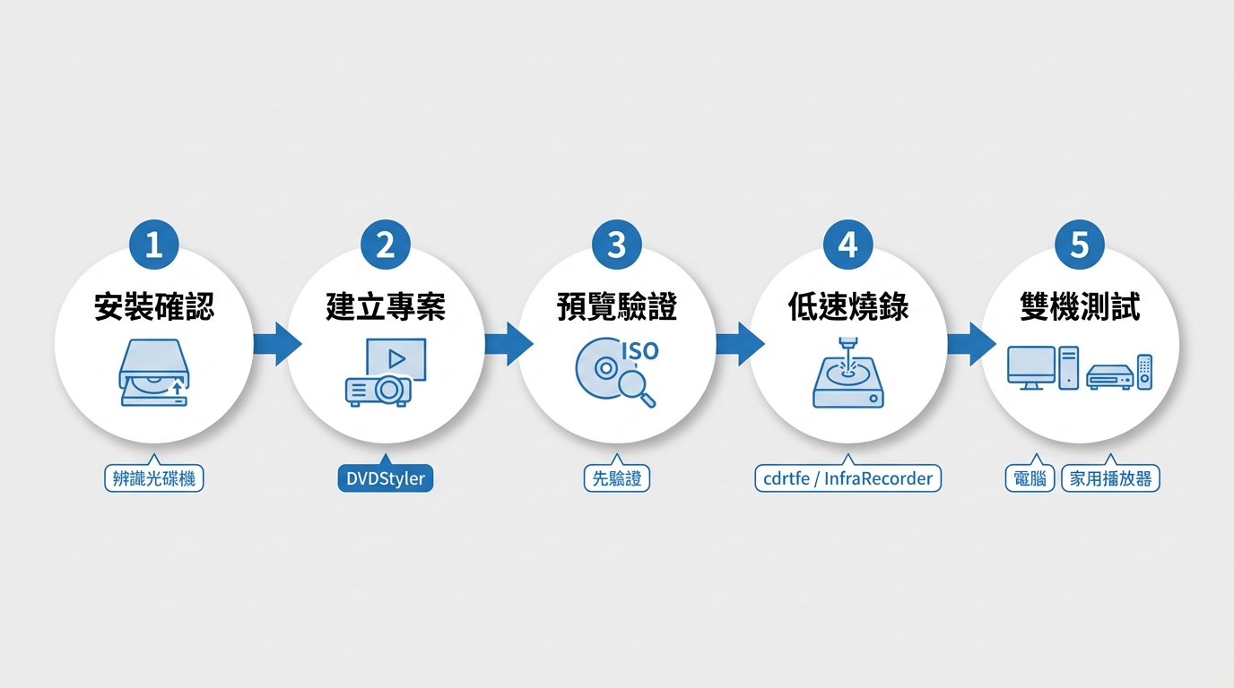 首次DVD燒錄的安裝、輸出、寫入與播放驗證流程