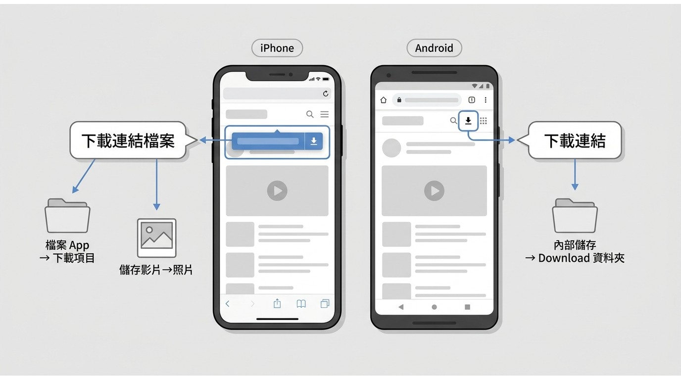 iPhone用Safari長按選「下載連結檔案」存至檔案App;Android Chrome長按選「下載連結」存至Download資料夾