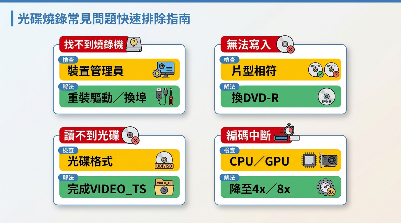 DVD 燒錄失敗五種症狀排查：找不到燒錄機、無法寫入、播放器讀不到、影片編碼中斷、寫入不穩