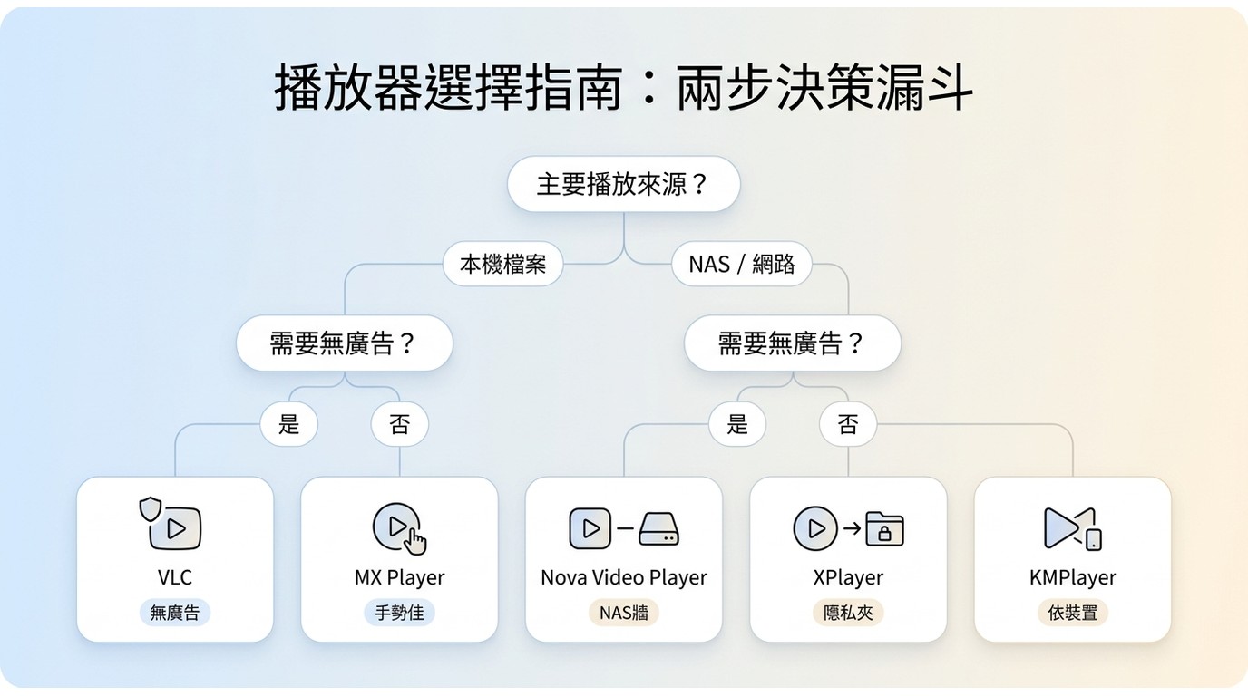 Android影片播放器選擇流程:依本機影片、字幕、硬體解碼、NAS與投放需求挑選
