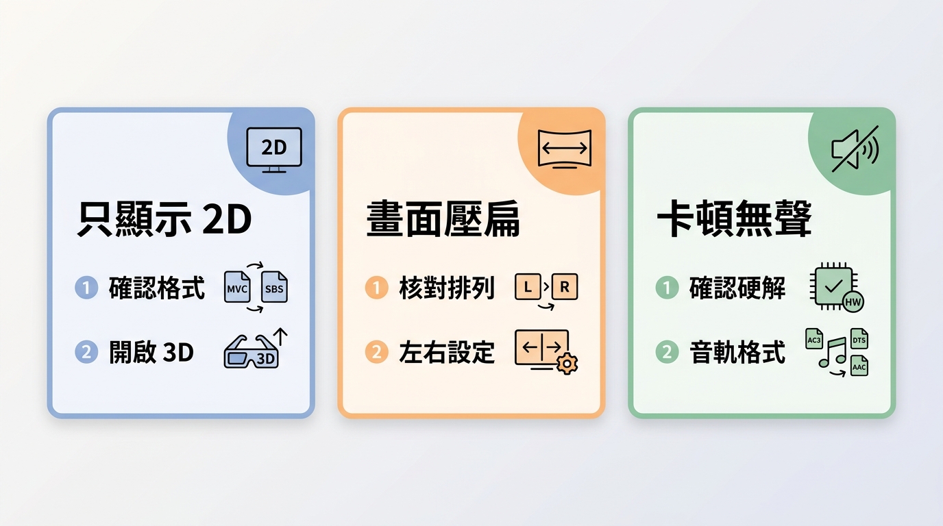 3D 藍光播放三類常見問題（只顯示
2D、畫面壓扁、卡頓無聲）的症狀與排查步驟對照