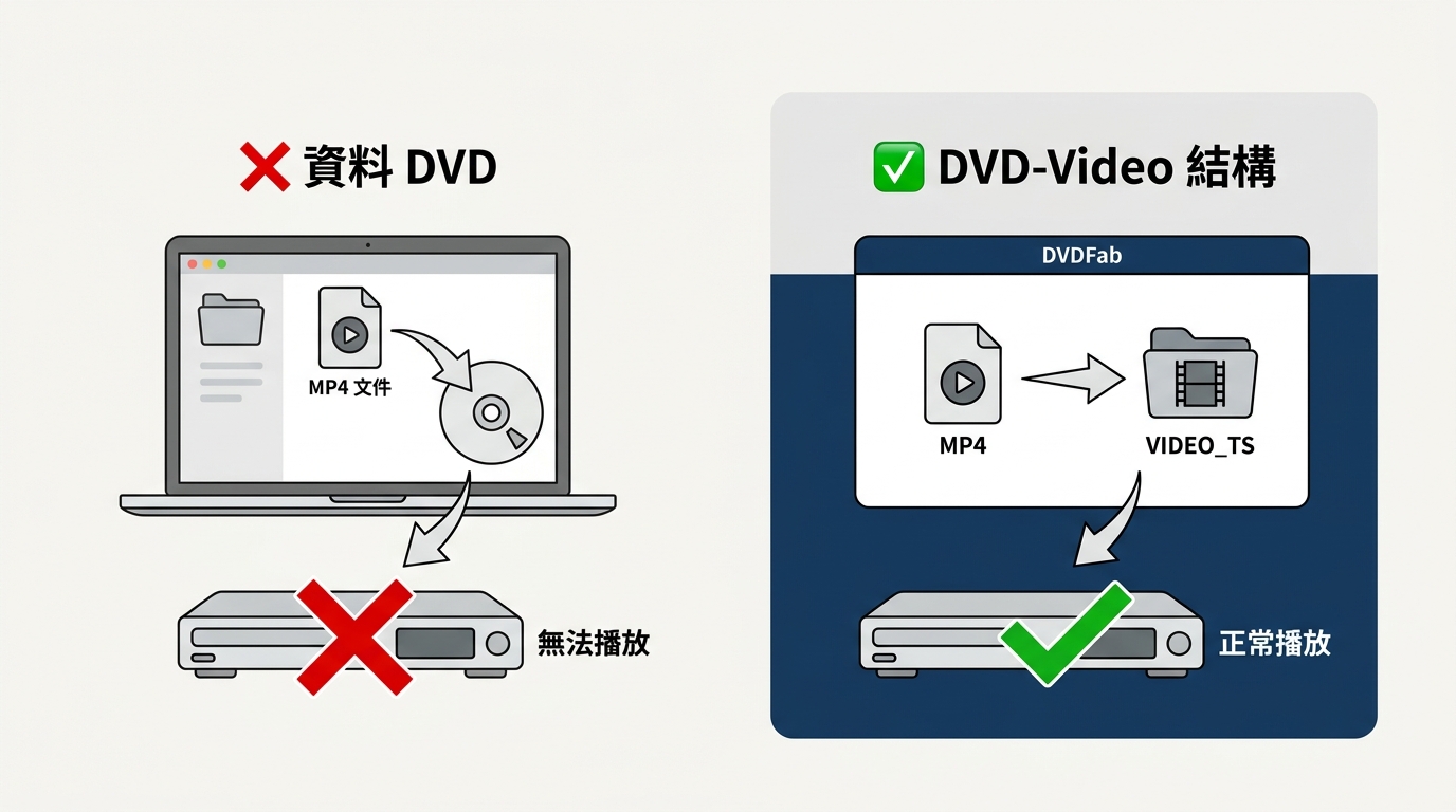資料 DVD 與 DVD-Video 結構差異：MP4
        直接寫入無法在家用播放器播放對比 DVDFab 製作可播放 DVD