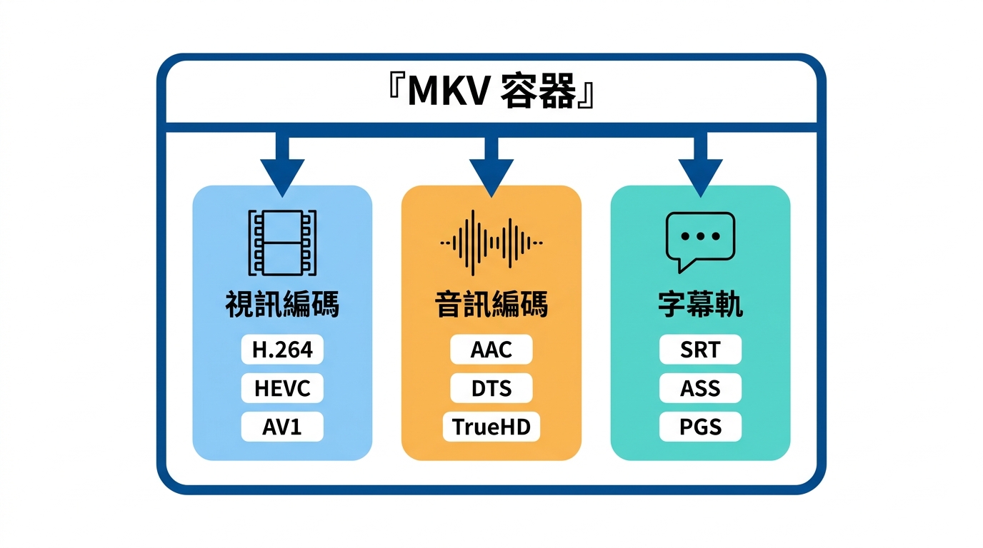 MKV容器中的H.264、HEVC、AV1影片軌、音訊軌與字幕軌