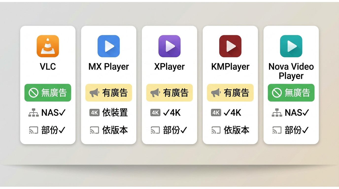 VLC、MX Player、XPlayer、KMPlayer與NOVA Video Player功能比較