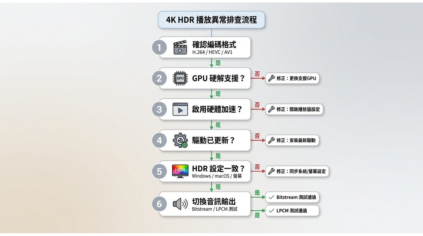 4K HDR影片卡頓、黑畫面與色偏的播放排查流程