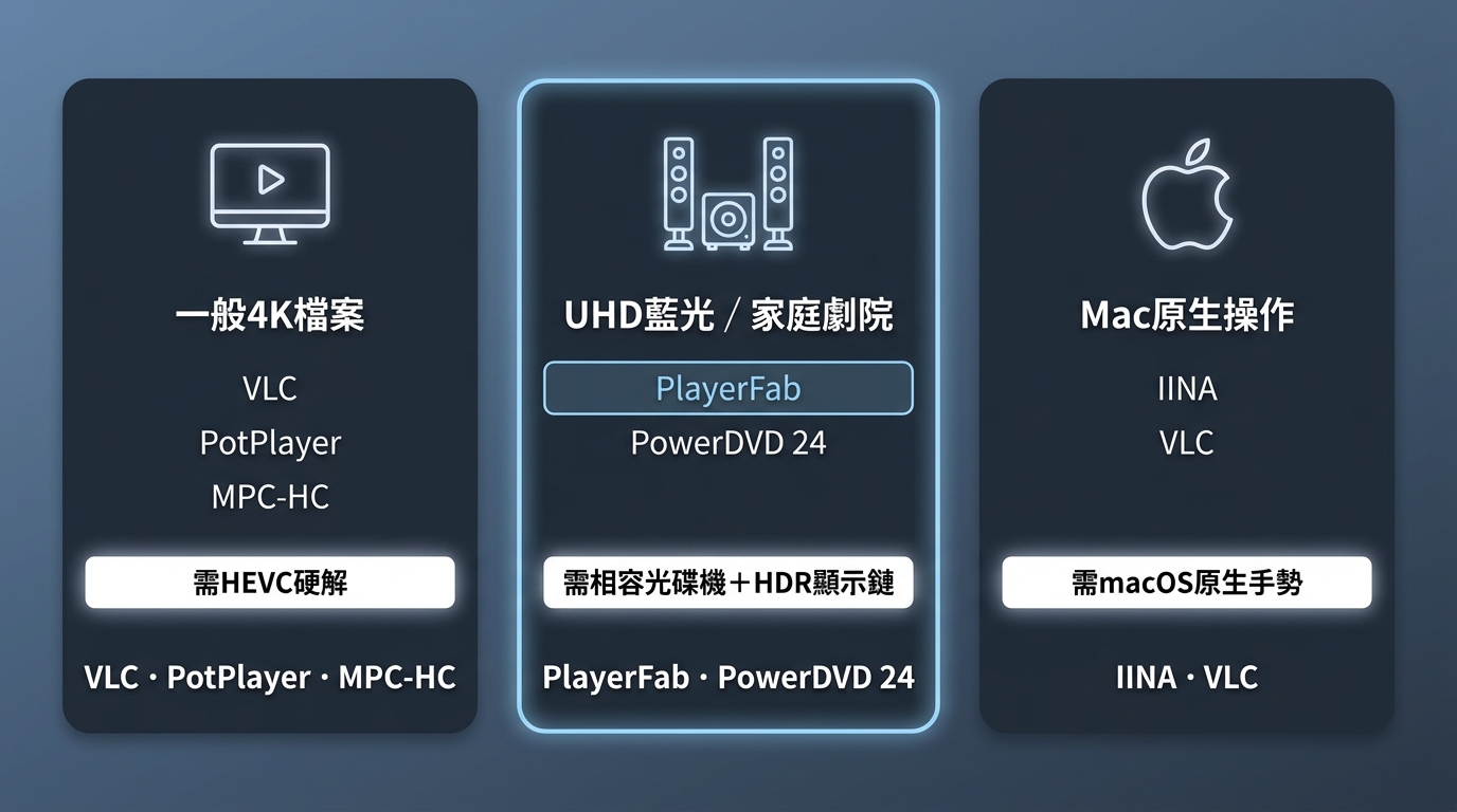 一般4K檔案、Mac原生操作、UHD藍光家庭劇院與媒體庫對應播放器