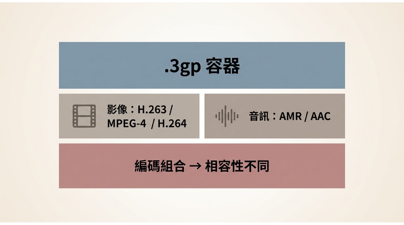 3GP容器可包含H.263或H.264影像，以及AMR或AAC音訊
