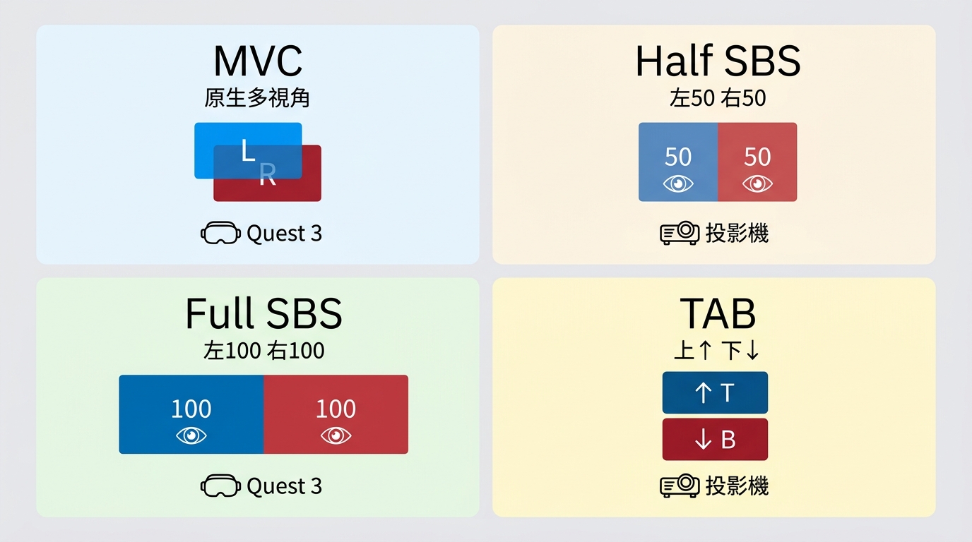 MVC、Half SBS、Full SBS、TAB 四種 3D
格式的畫面排列結構與適用裝置對照