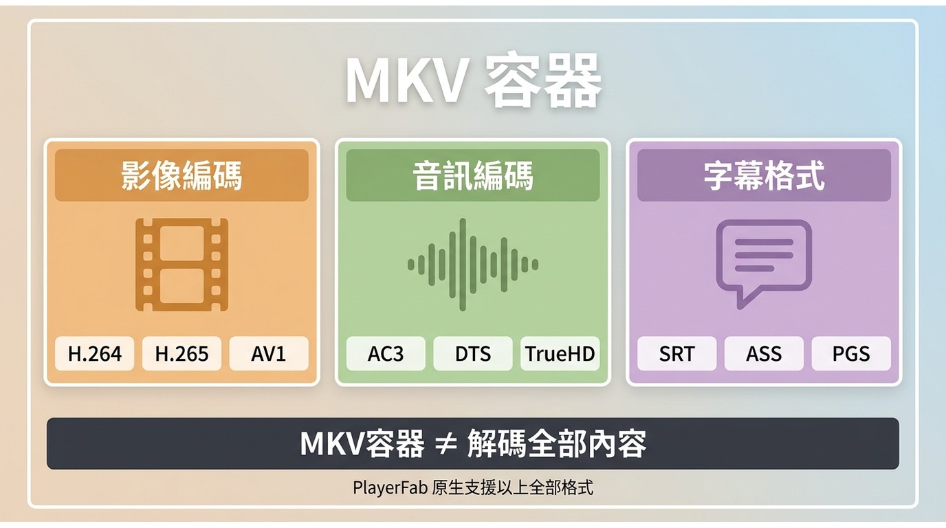 MKV容器可包含H.264、HEVC、AV1影片，AC3、DTS、TrueHD音訊及多種字幕