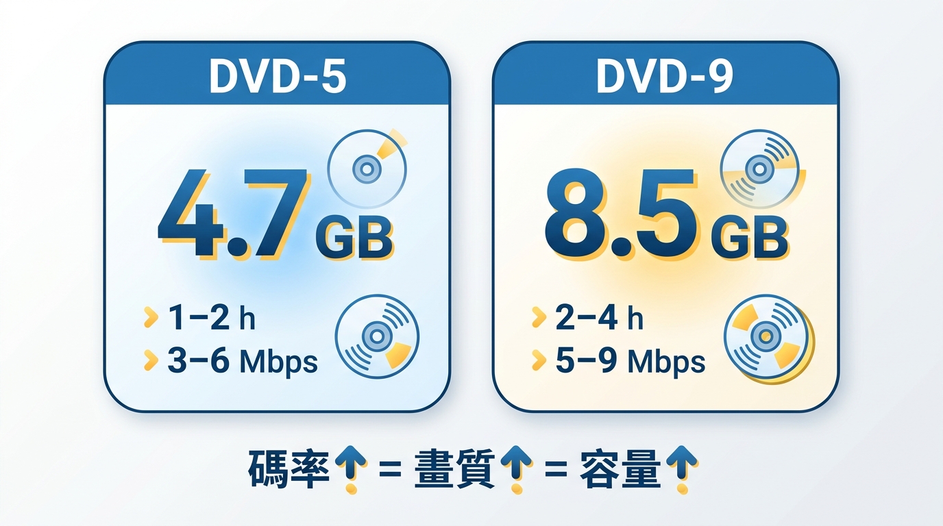 DVD-5（4.7 GB）與 DVD-9（8.5 GB）容量對比及建議位元率範圍