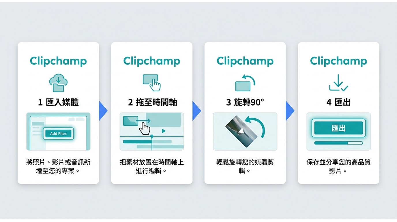 Microsoft Clipchamp匯入、旋轉與匯出影片的操作流程
