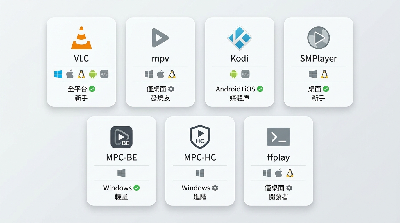 VLC、mpv、Kodi、SMPlayer、MPC-BE、MPC-HC與ffplay的開源播放器定位
