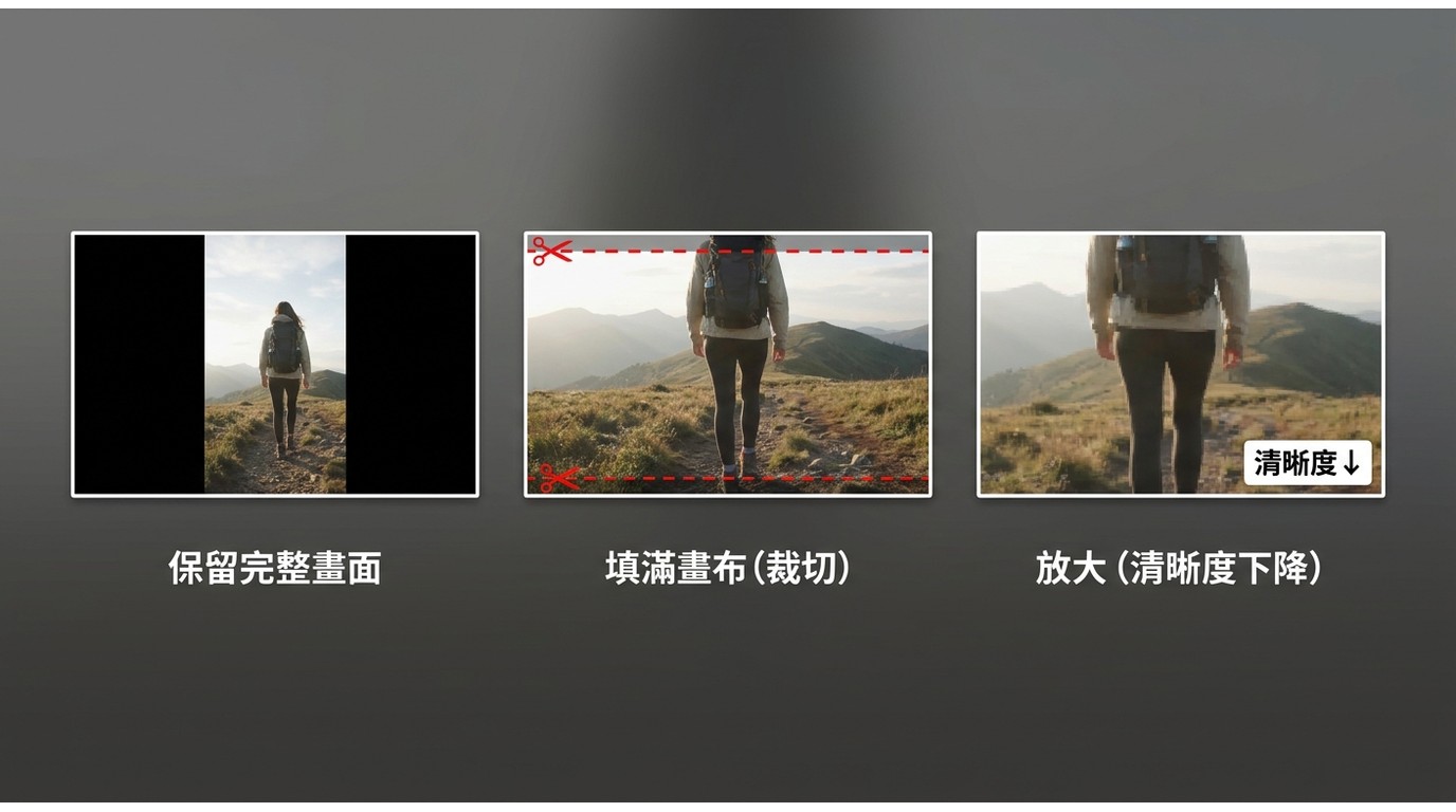 影片旋轉後保留完整畫面、裁切填滿與放大三種比例處理方式