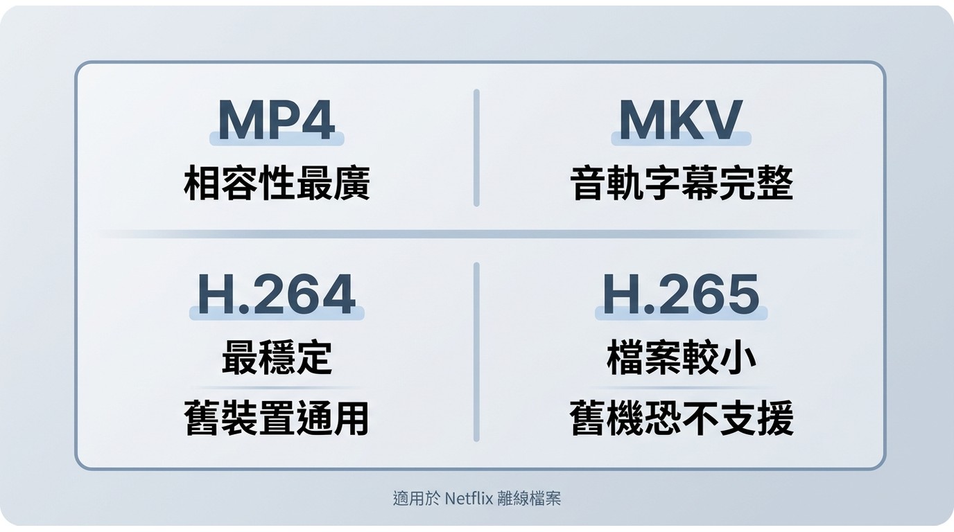 MP4與MKV、H.264與H.265格式選擇對比，說明Mac播放Netflix離線檔案的相容性差異