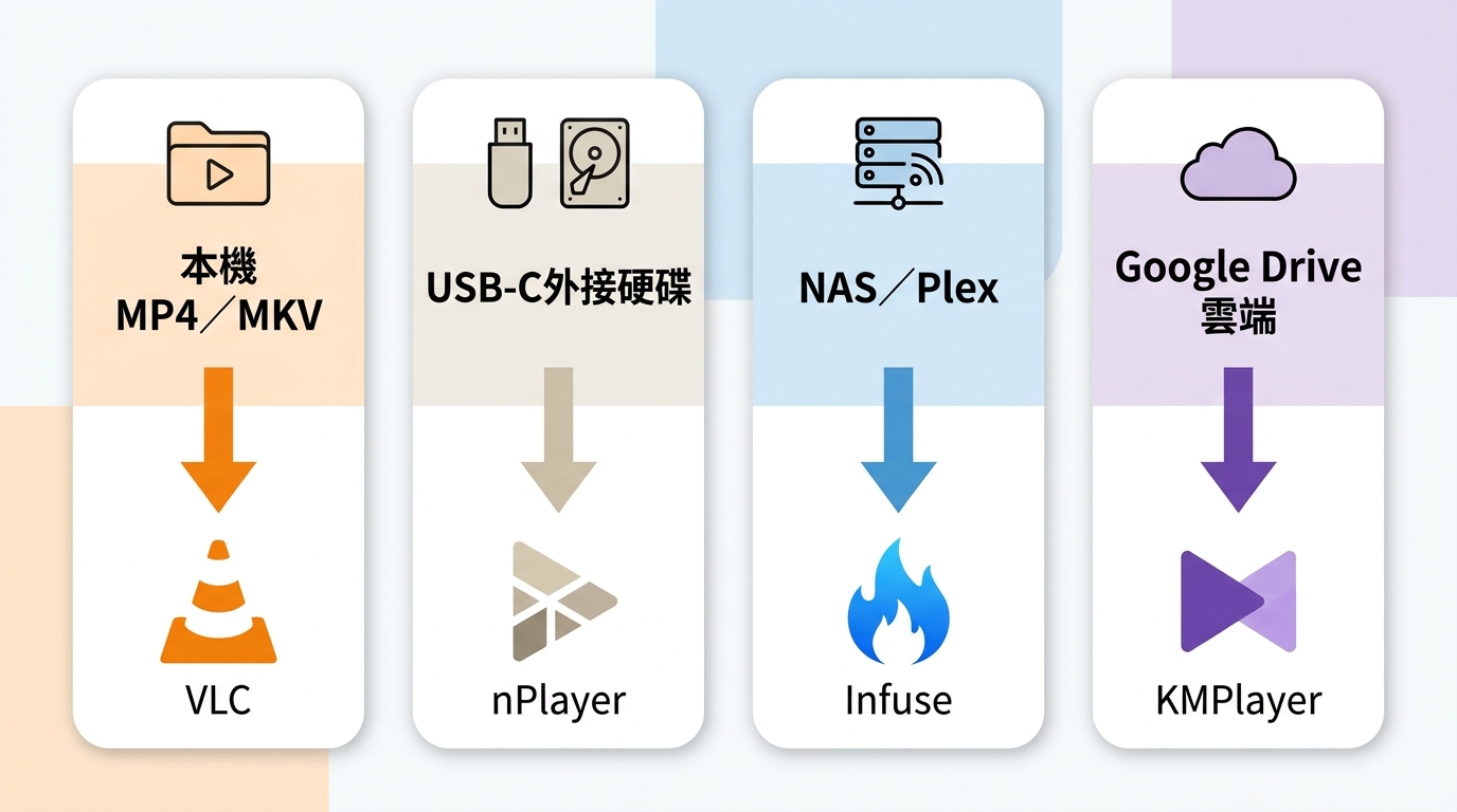 依本機影片、USB-C外接硬碟、NAS、雲端與投放需求選擇iPad播放器