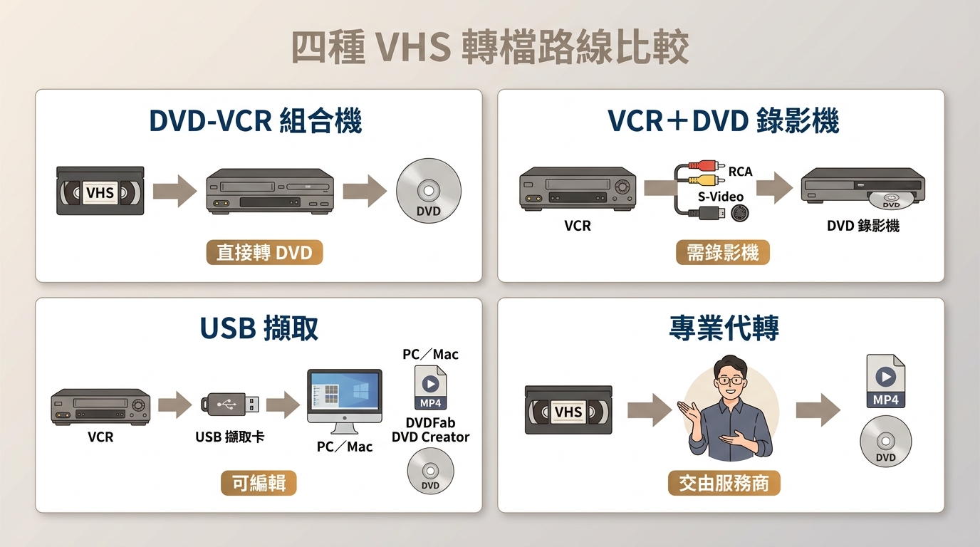 四種 VHS 轉檔路線比較:組合機、DVD 錄影機、USB 擷取卡與專業代轉